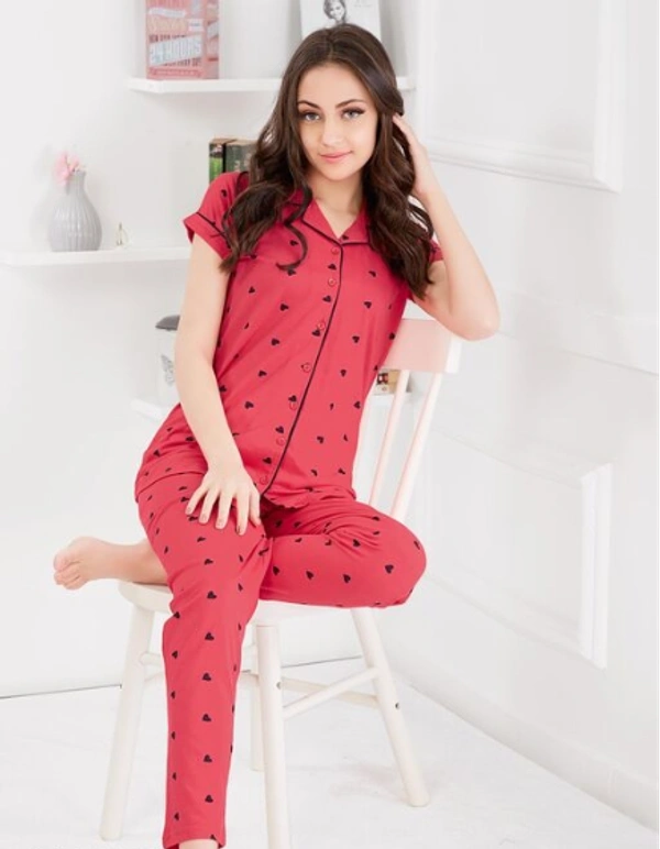 Lotik Women's Cotton Pink & Rani  Heart Print Front-Open Nightsuit Set - L, Rani, Cotton, Multipack of1